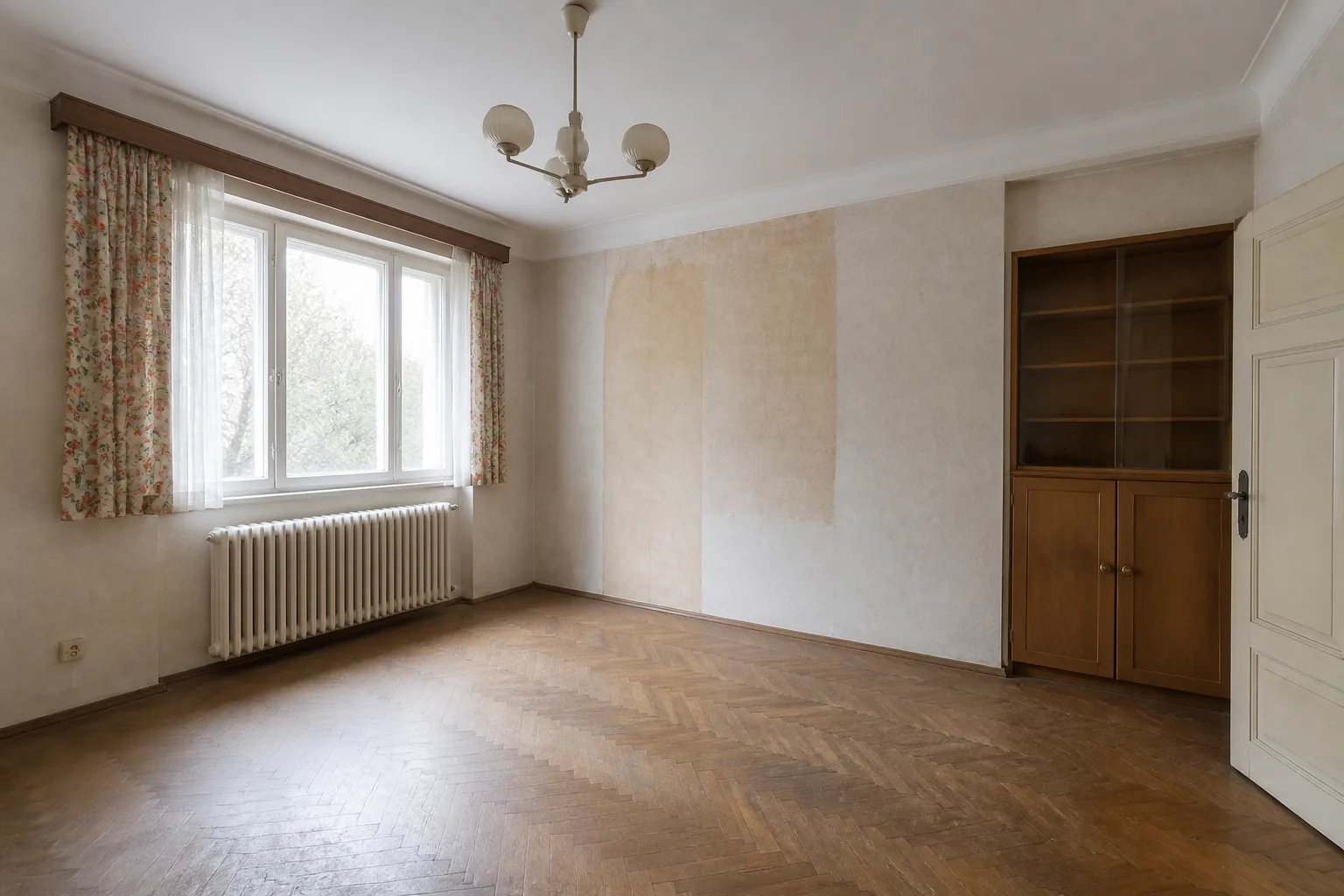 Heller Wohnraum mit älteren Oberflächen und Renovierungsbedarf